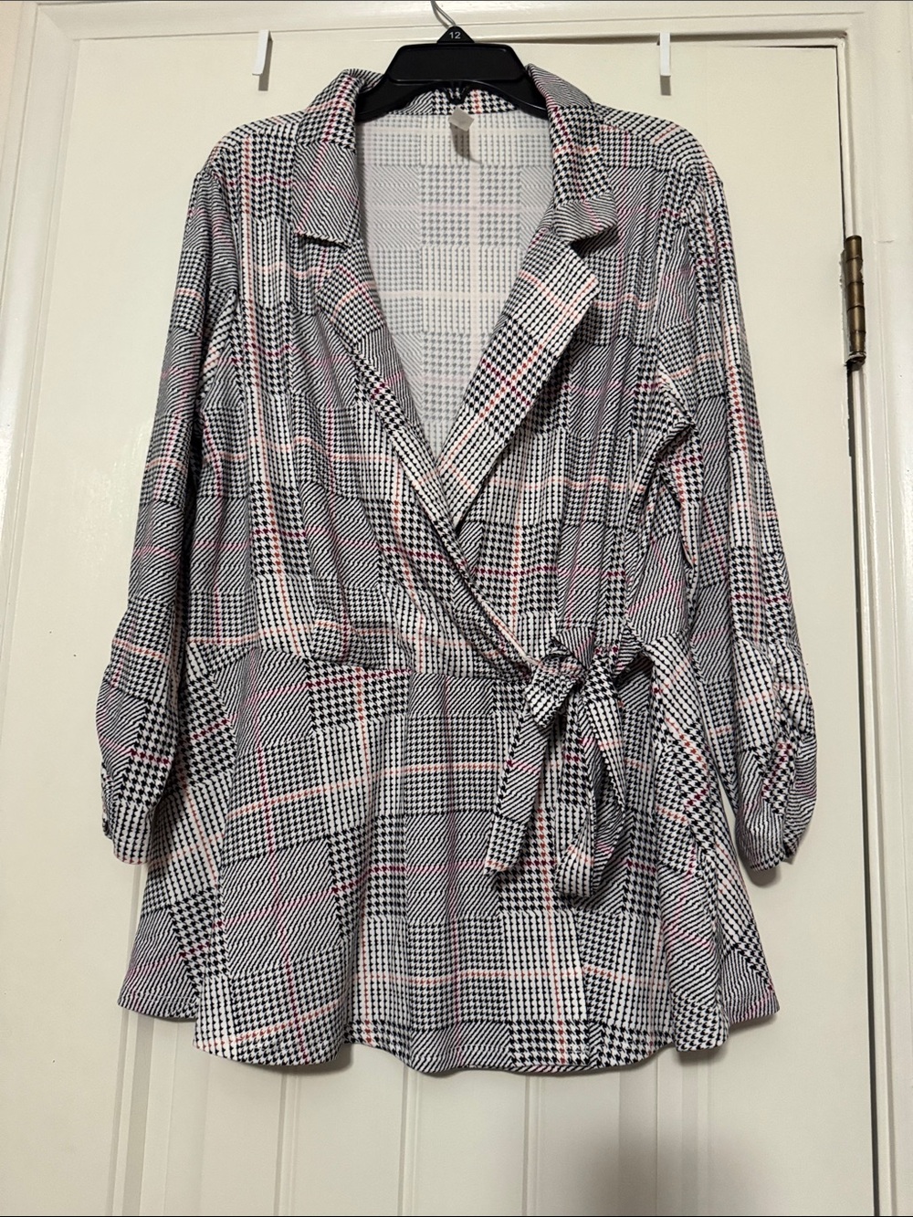 Women's Plaid Wrap Blouse with Tie - Pink/Black/White